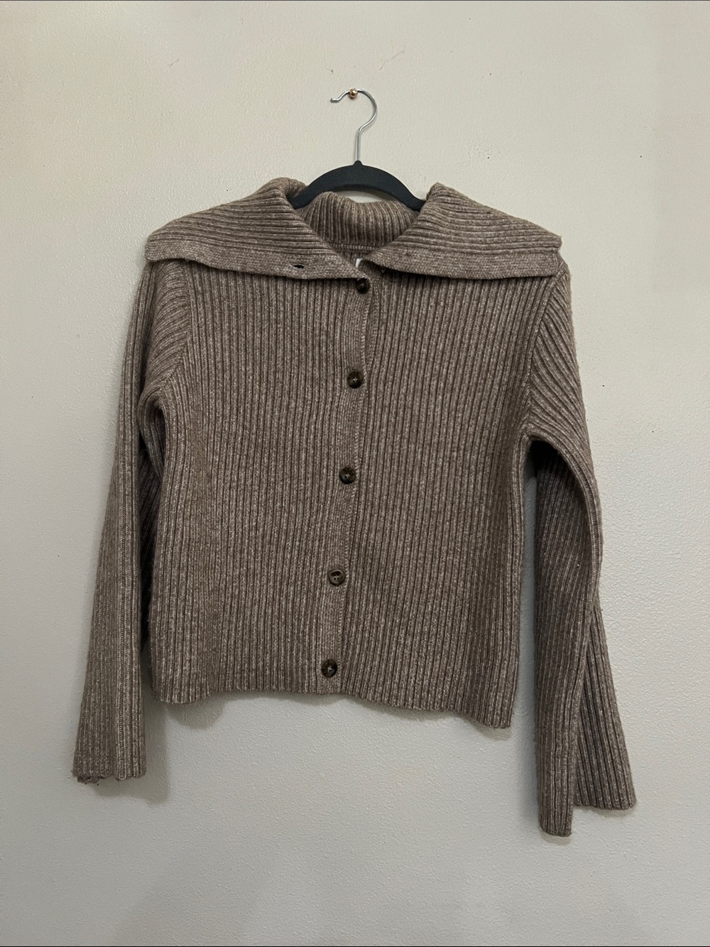 Ribbed Button-Front Cardigan with Wide Collar - Taupe